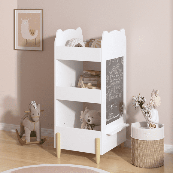Yoneston 3-Tier Kids Bookshelf with Chalkboard Side, Cute Bear-Shaped Wooden Bookcase Toys Organizer for Toddlers Kids Playroom Bedroom, White