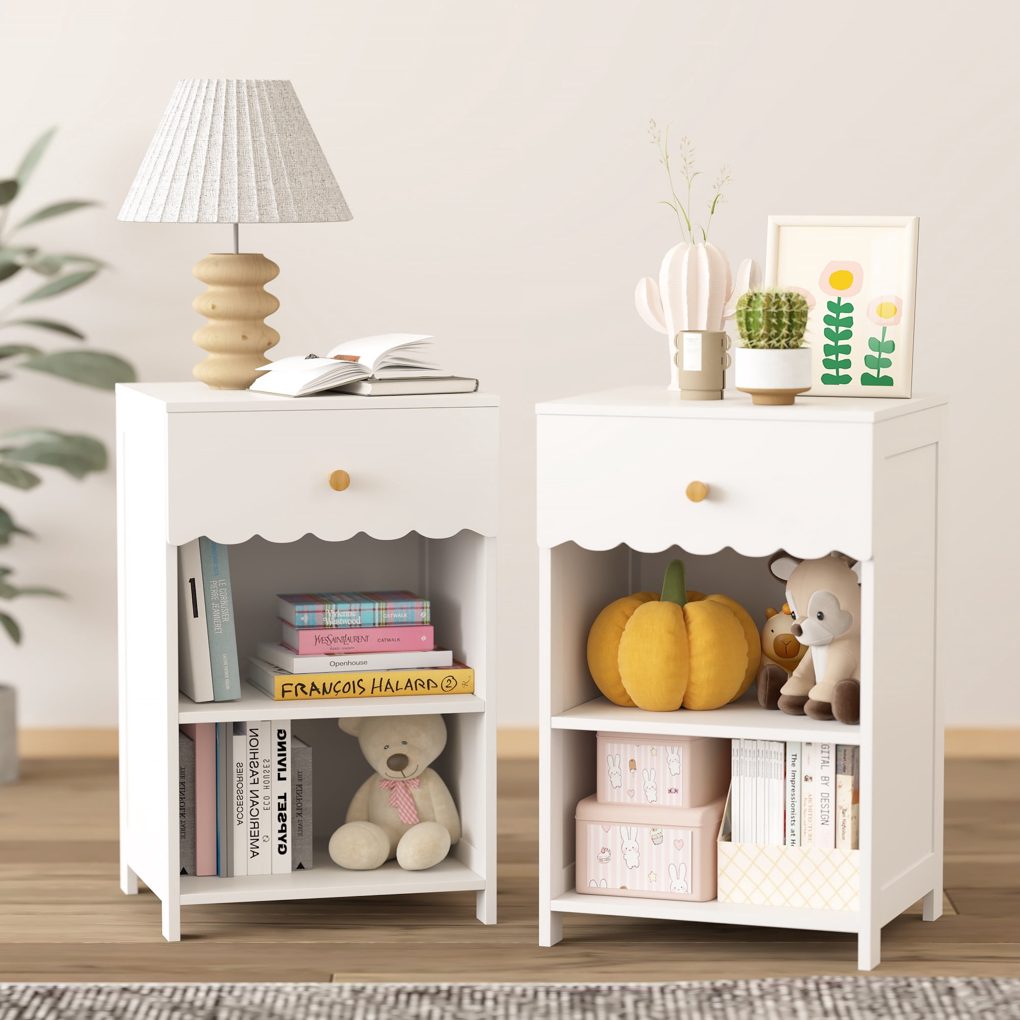 Yoneston 3-Tier Open Shelf Nightstand with Drawers Modern Nightstand Set of 2, Snow White