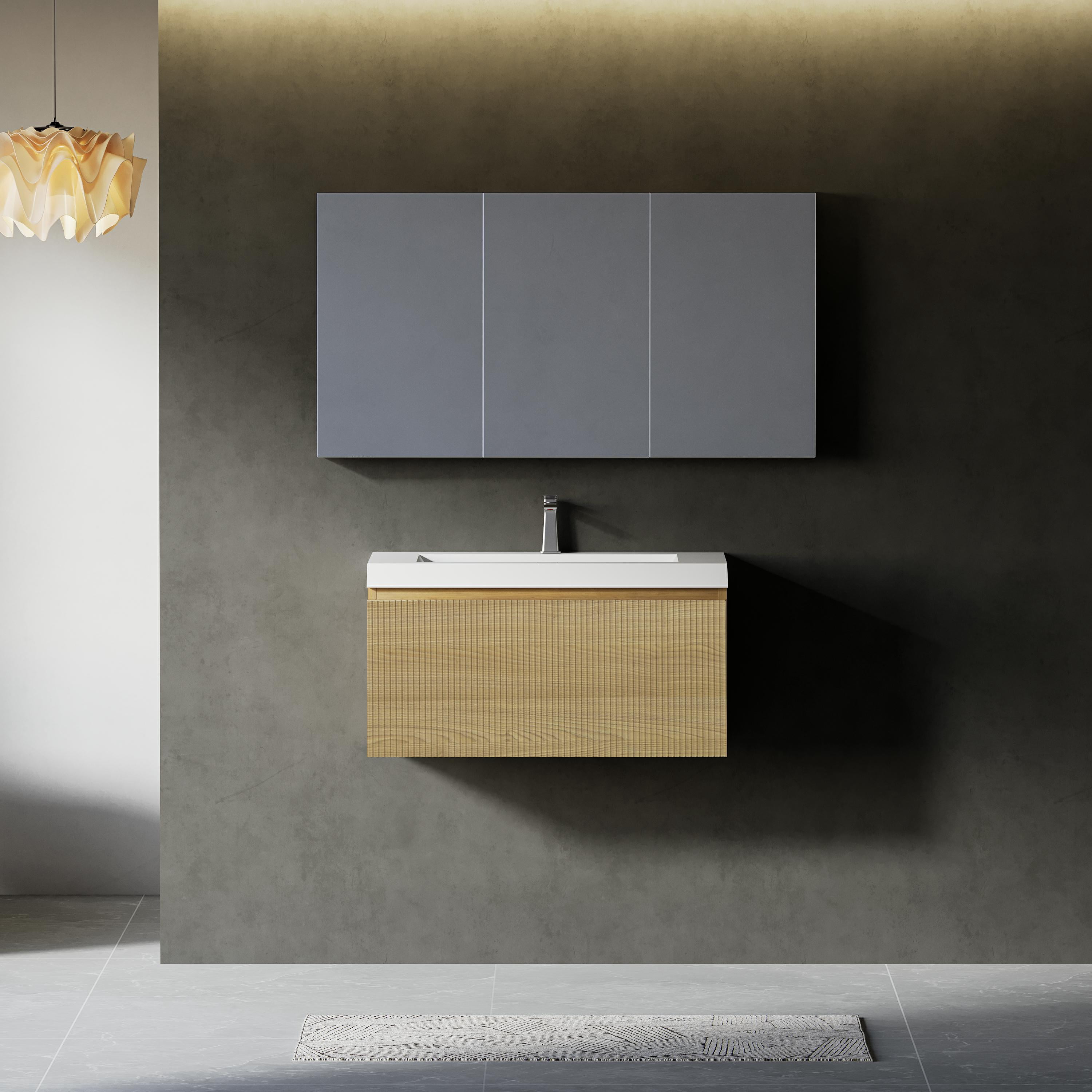Yoneston 30" Floating Bathroom Vanity, Modern Wood Wall-Mounted Striped Bathroom Storage Cabinet with Soft Close Drawer and Glossy White Solid Surface Basin, Natural