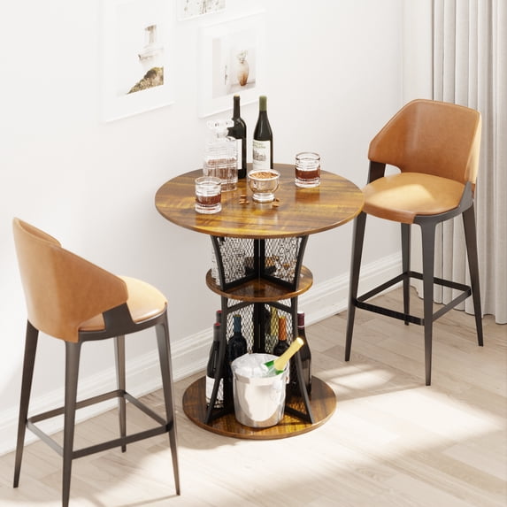 Yoneston 30-inch Round Bar Table, Wood Small Pub Table Metal Breakfast Nook Table with Storage Shelves for Dining Room Living Room Kitchen, Rustic Brown (Only Table)