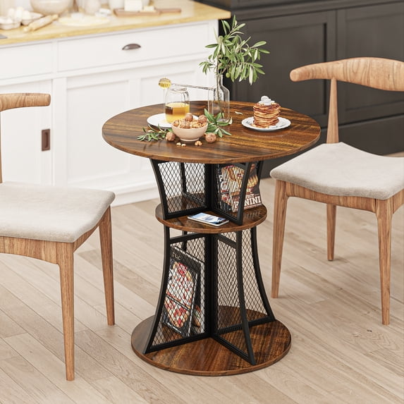 Yoneston 30-inch Round Dining Table, Wood Metal Base Kitchen Table with 8 Storage Shelves for Bistro Kitchen Dining Room Living Room, Rustic Brown (Only Table)