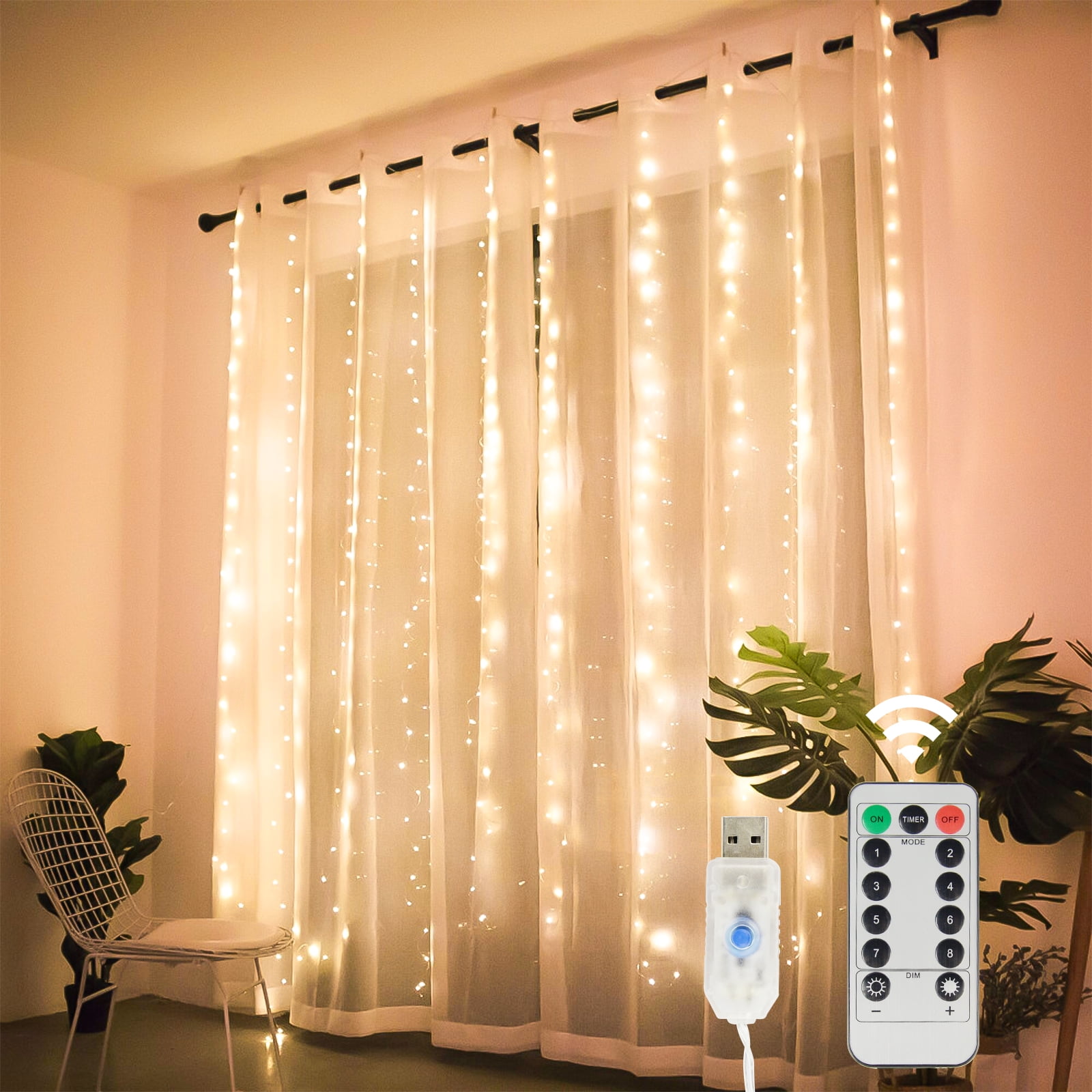 Yoneston 300 LED Window Curtain String Light Wedding Party Home ...