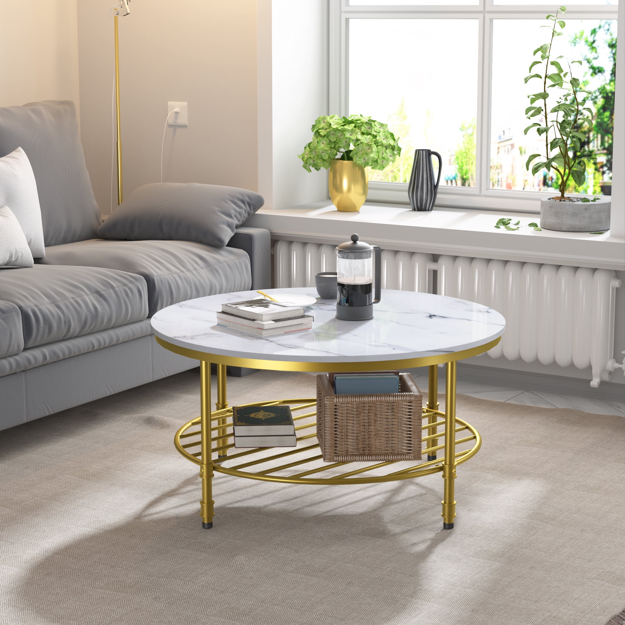 Yoneston 35.8" 2Tier Industrial Round Coffee Table with Metal Storage