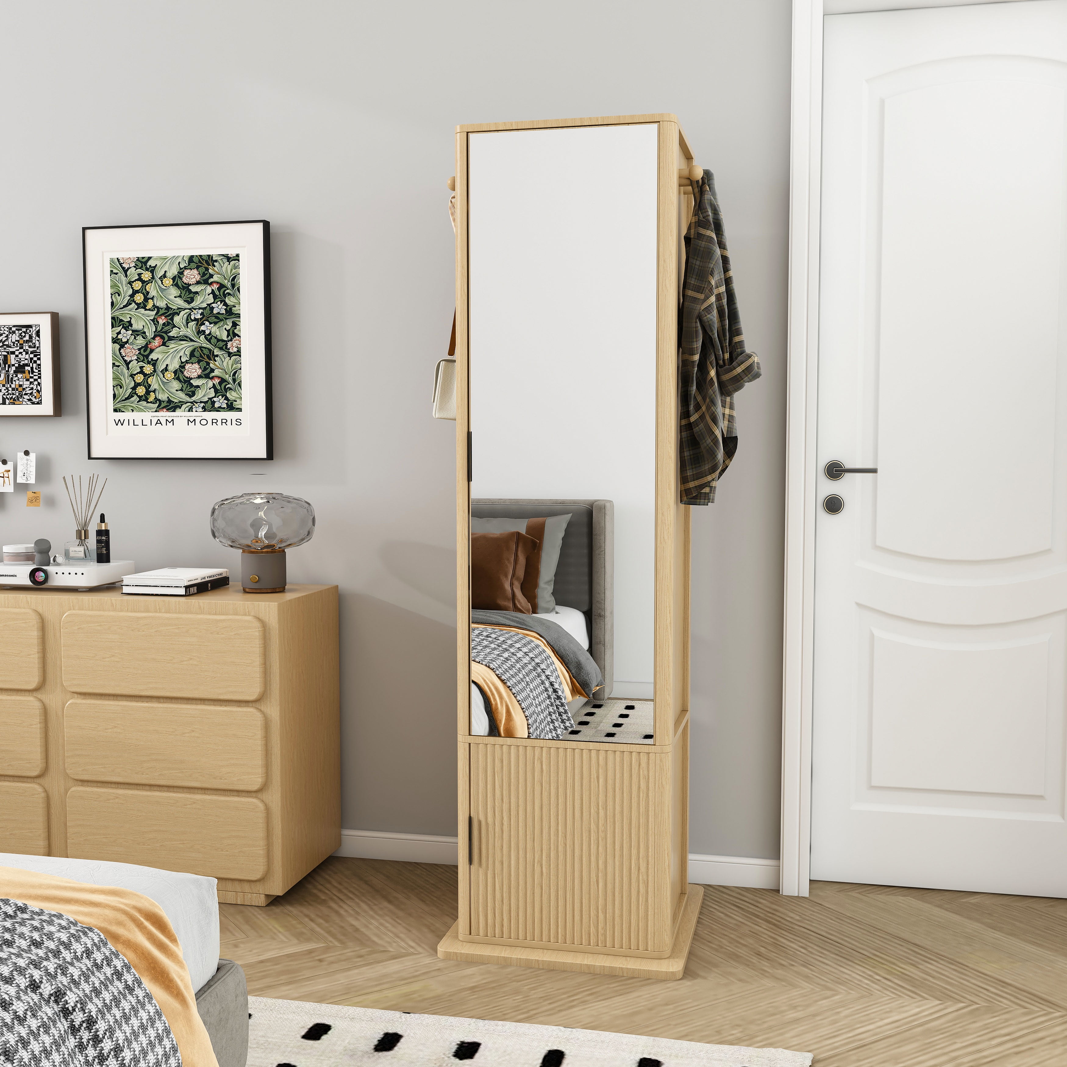 Yoneston 360° Rotating Makeup Cabinet with Full-Length Mirror, 4-in-1 Jewelry Cabinet with 4 Tier Open Shelves & Coat Rack, Standing Storage Cabinet with 2 Doors for Bedroom, Walnut