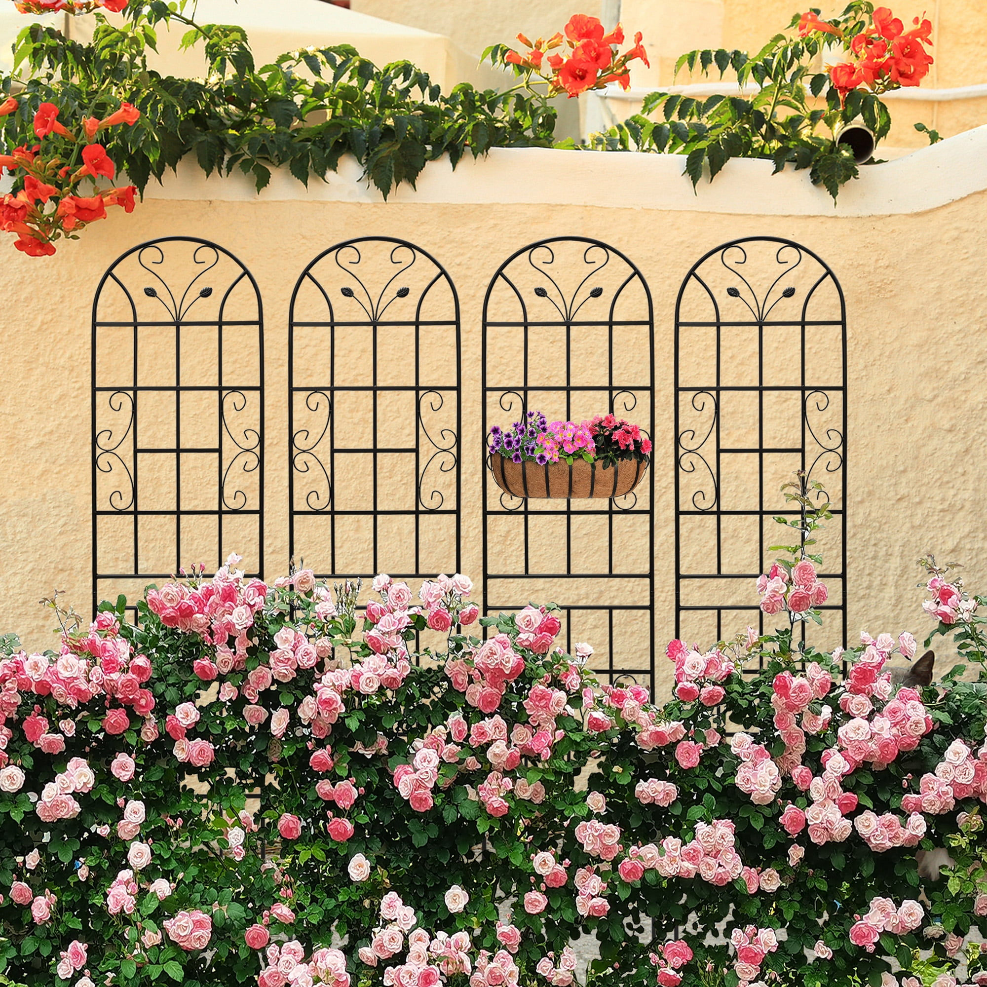 Yoneston 4 Pack 86.7"x19.7" Metal Garden Trellis, Decorative Arched Trellis for Climbing Plants, Metal Coating Anti-Rust and Sturdy for outdoor, Black