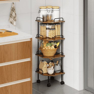 Yoneston 3-Tier Industrial Corner Shelf with Wheels, 27" Tall Corner Storage Organizer Bookcase Display for Bathroom, Bedroom, Living Room, Office, Kitchen, Brown