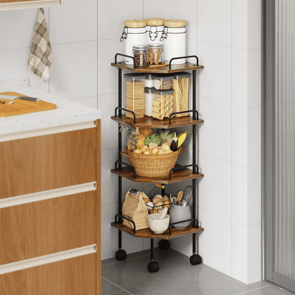 Yoneston 4-Tier Industrial Corner Shelf with Wheels, 36" Tall Corner Storage Organizer Bookcase Display for Bathroom, Bedroom, Living Room, Office, Kitchen, Brown