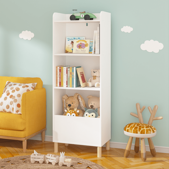 Yoneston 4-Tier Kids Bookcase with Sturdy Legs, Children Storage Bookshelf and Toy Storage Organizer Cabinet for Bedroom Playroom Nursery, White