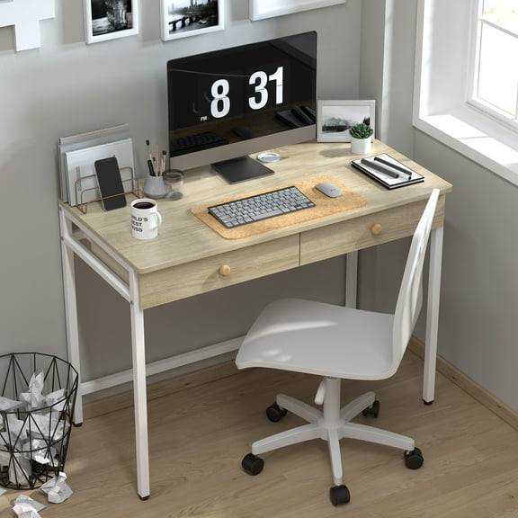 Yoneston 40 Inch Small Computer Desk with 2 Drawers, Vanity Desk with Storage for Bedroom, Home Office Working Table for Bedroom & Small Spaces, Beige