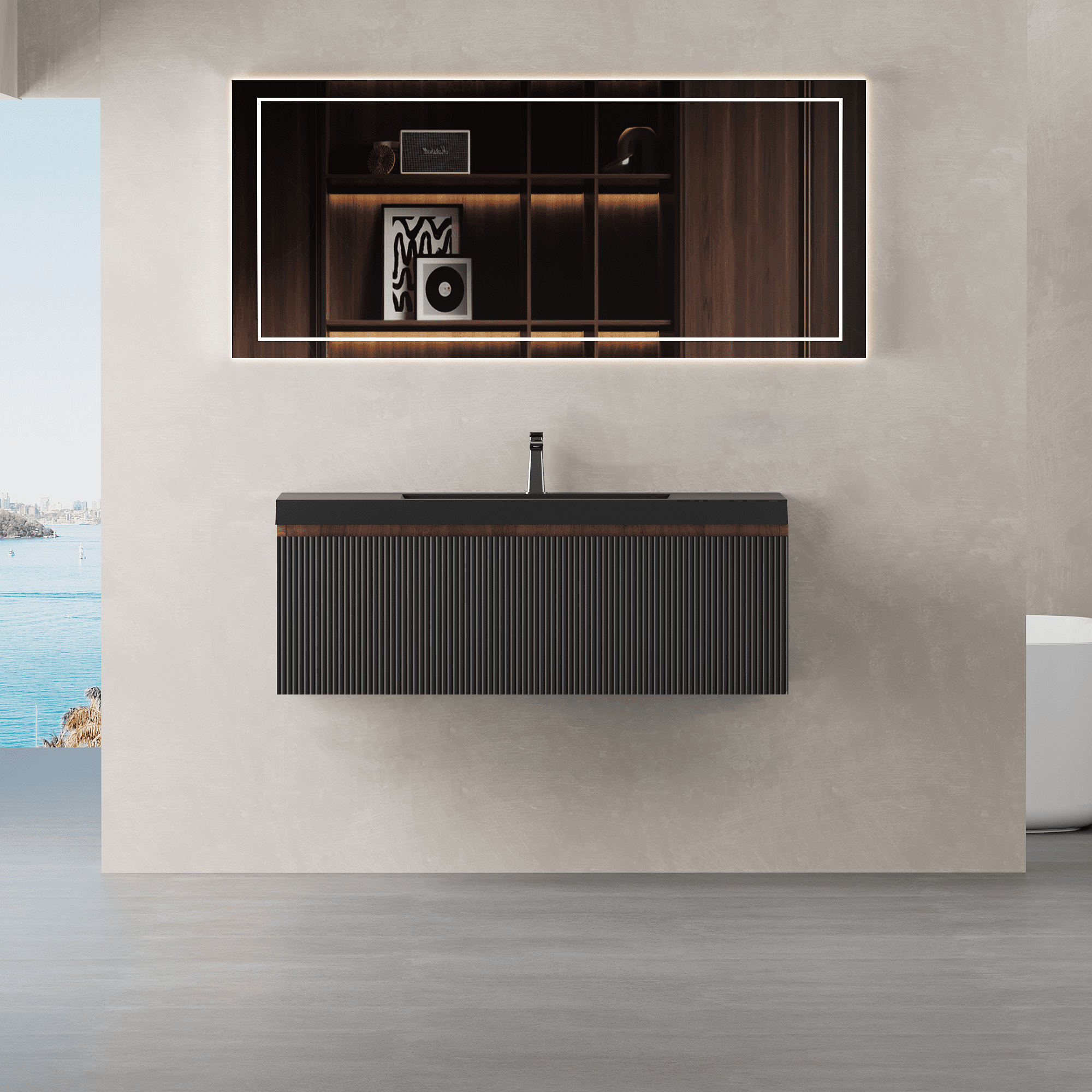 Yoneston 42" Floating Bathroom Vanity, Modern Wood Wall-Mounted Striped Bathroom Storage Cabinet with Soft Close Drawer and Glossy White Solid Surface Basin, Black