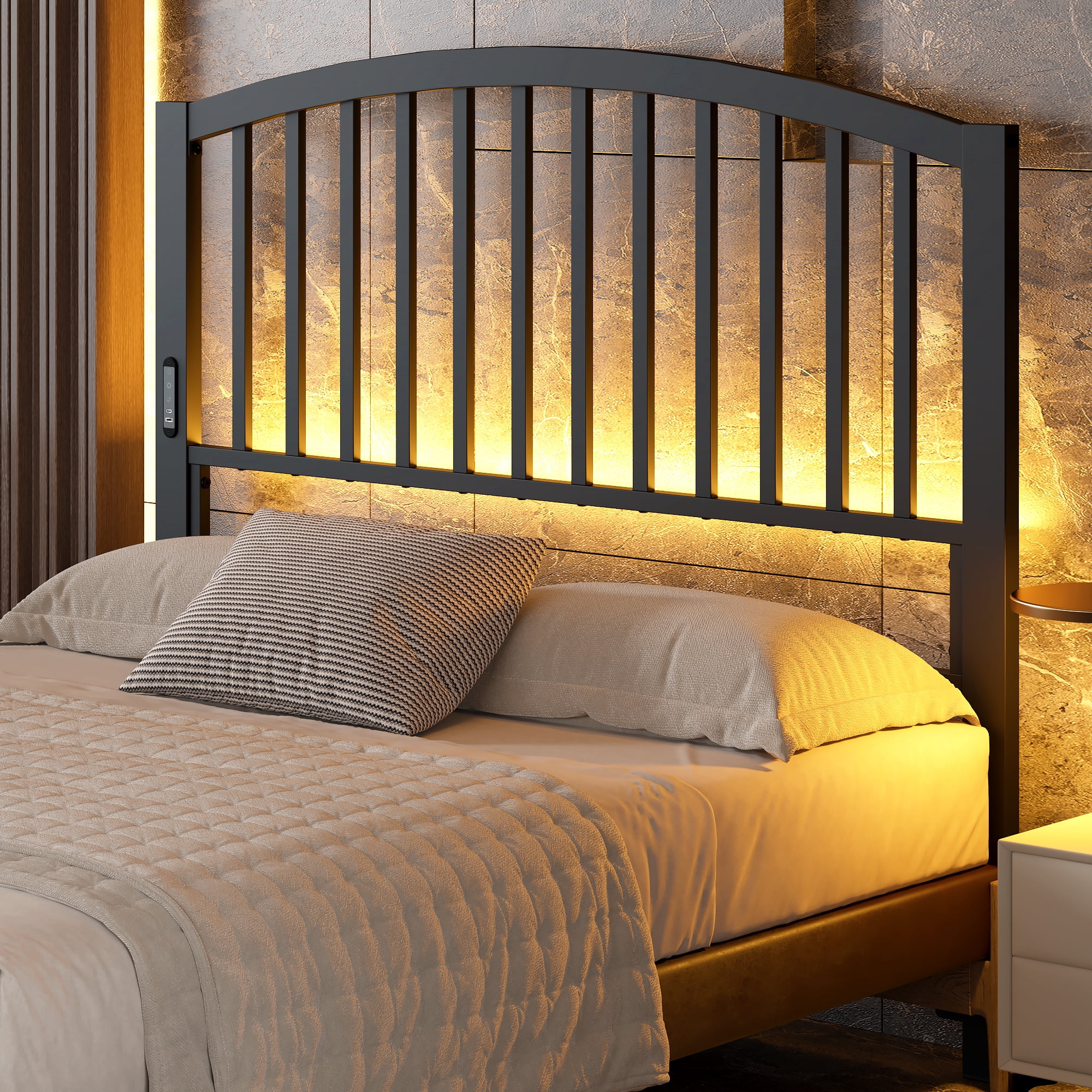 Yoneston 46.76” High Arc Metal Full Size Headboard with LED Light & Charging, Height Adjustable Metal Platform Bed Headboard – Black
