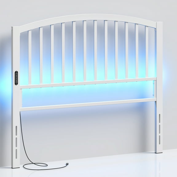 Yoneston 46.76” High Arc Metal Full Size Headboard with LED Light & Charging, Height Adjustable Metal Platform Bed Headboard – White