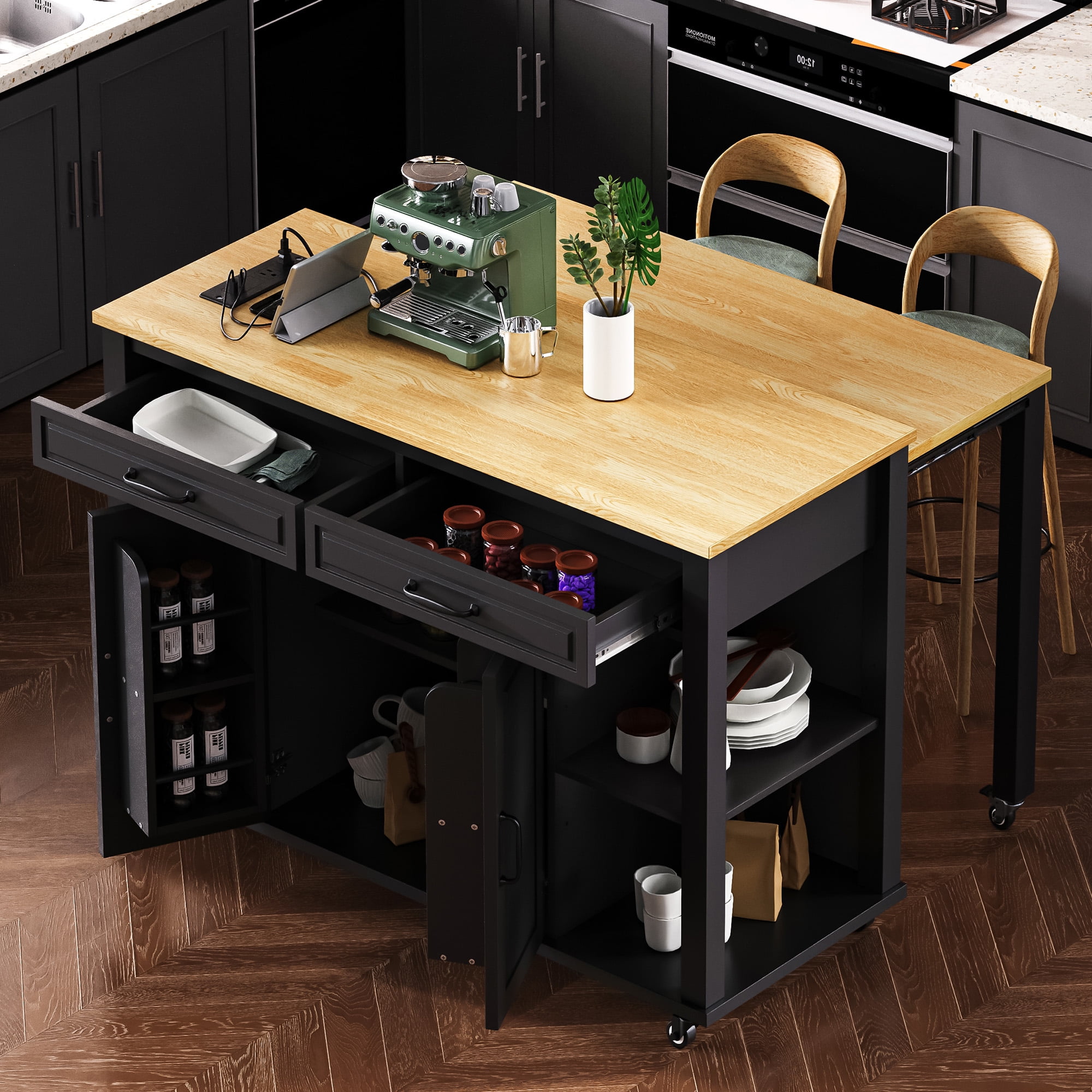 Yoneston 47" Farmhouse Kitchen Island with Power Outlet, Multifunctional Kitchen Trolley with Drop Leaf, Internal Storage Rack and 2 Drawers 2 Cabinet for Kitchen, Dining Room, Black