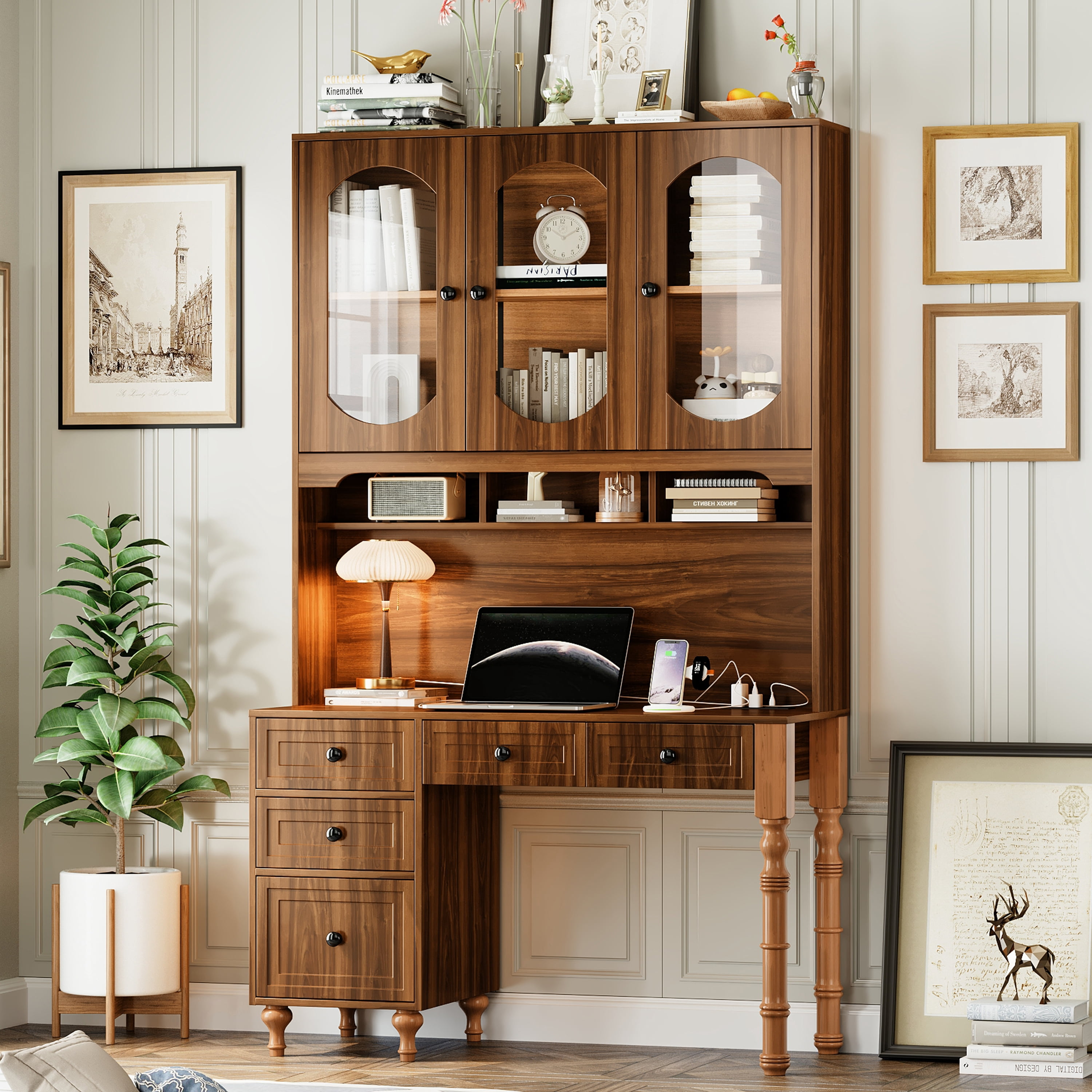 Yoneston 47" Retro Bookcase Desk with Charging Ports and Hutch Cabinet & 5 Drawers, Computer Desk for Home Office Bedroom, Walnut