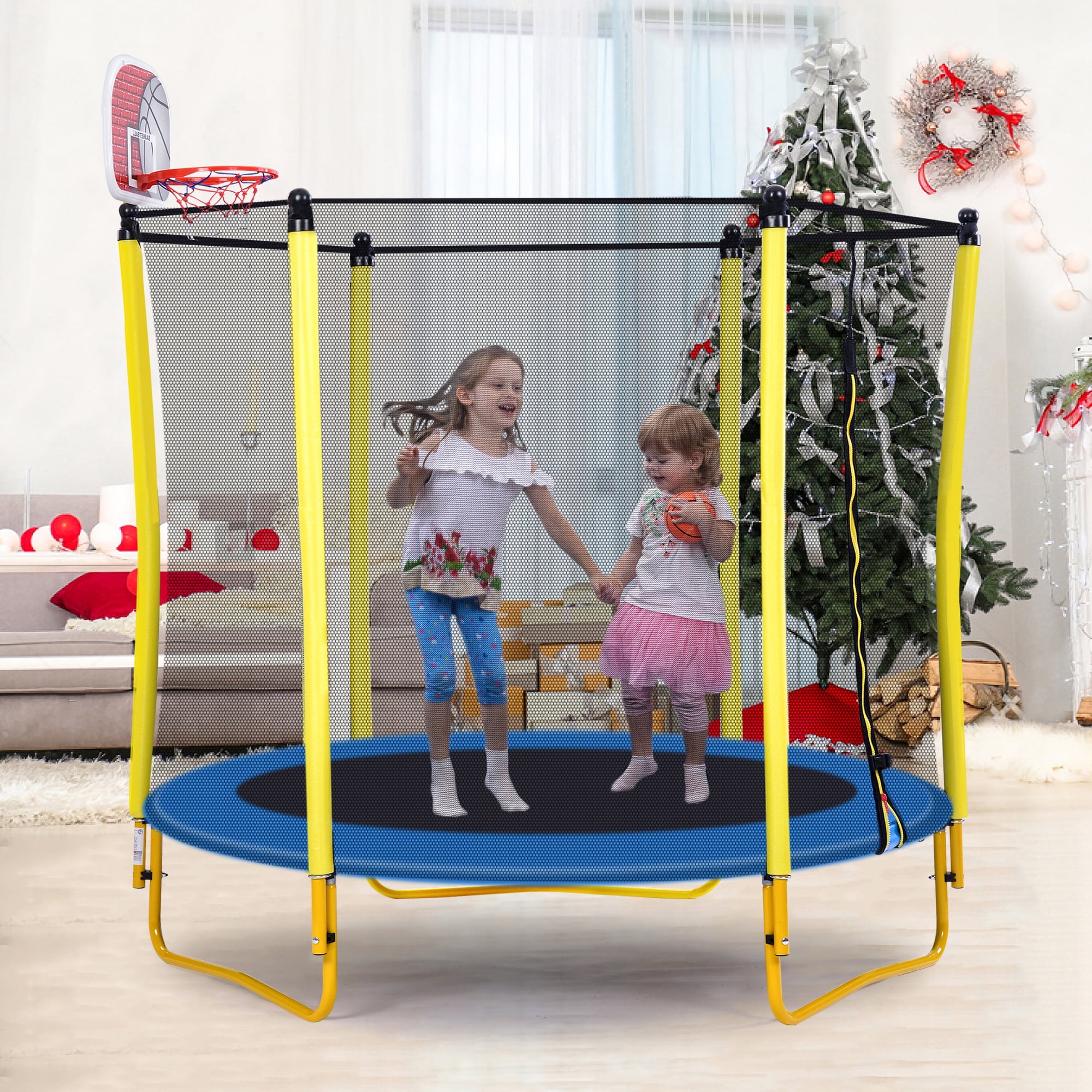 Yoneston 5.5FT Trampoline for Kids , 65" Outdoor & Indoor Mini Toddler Trampoline with Enclosure, Basketball Hoop,Ball and Sturdy 3 U-Shaped Legs, Yellow