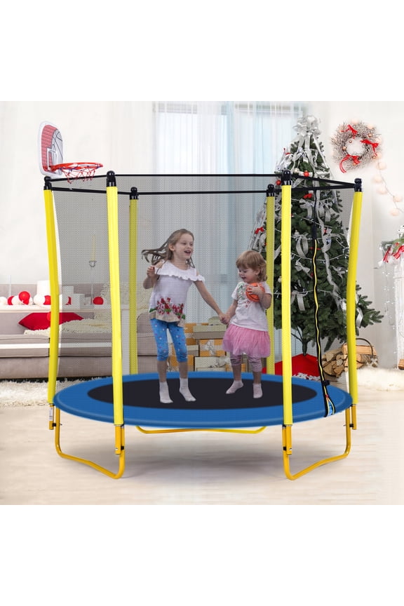 5.5FT Trampoline for Kids , 65" Outdoor & Indoor Mini Toddler Trampoline with Enclosure, Basketball Hoop,Ball and Sturdy 3 U-Shaped Legs, Yellow