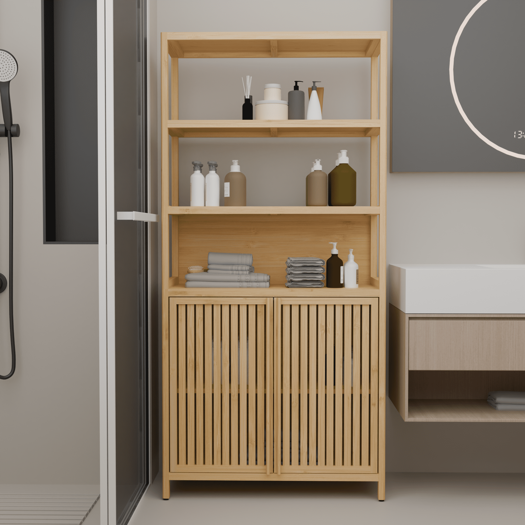 Yoneston 5-Tier Bamboo Bathroom Shelf Storage Cabinet, Freestanding Floor Cabinet Display Shelf for Toilet, Kitchen, Living Room, Natural