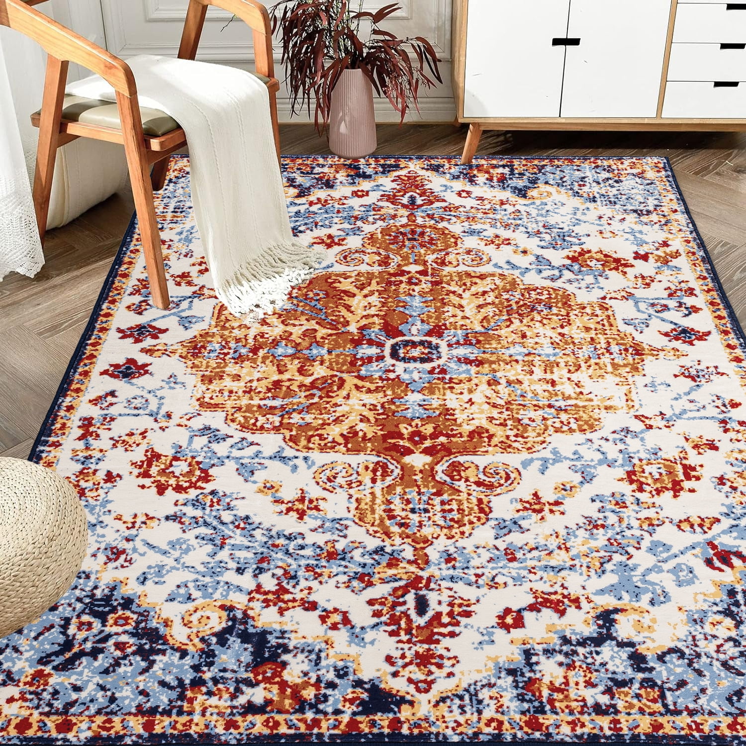 Yoneston 5' x 7' Vintage Bohemia Area Rug Machine Washable Bedroom Rug Soft Non-Slip with Printed Kitchen Mat for Living Room Playroom Dining Room Decoration, Amber