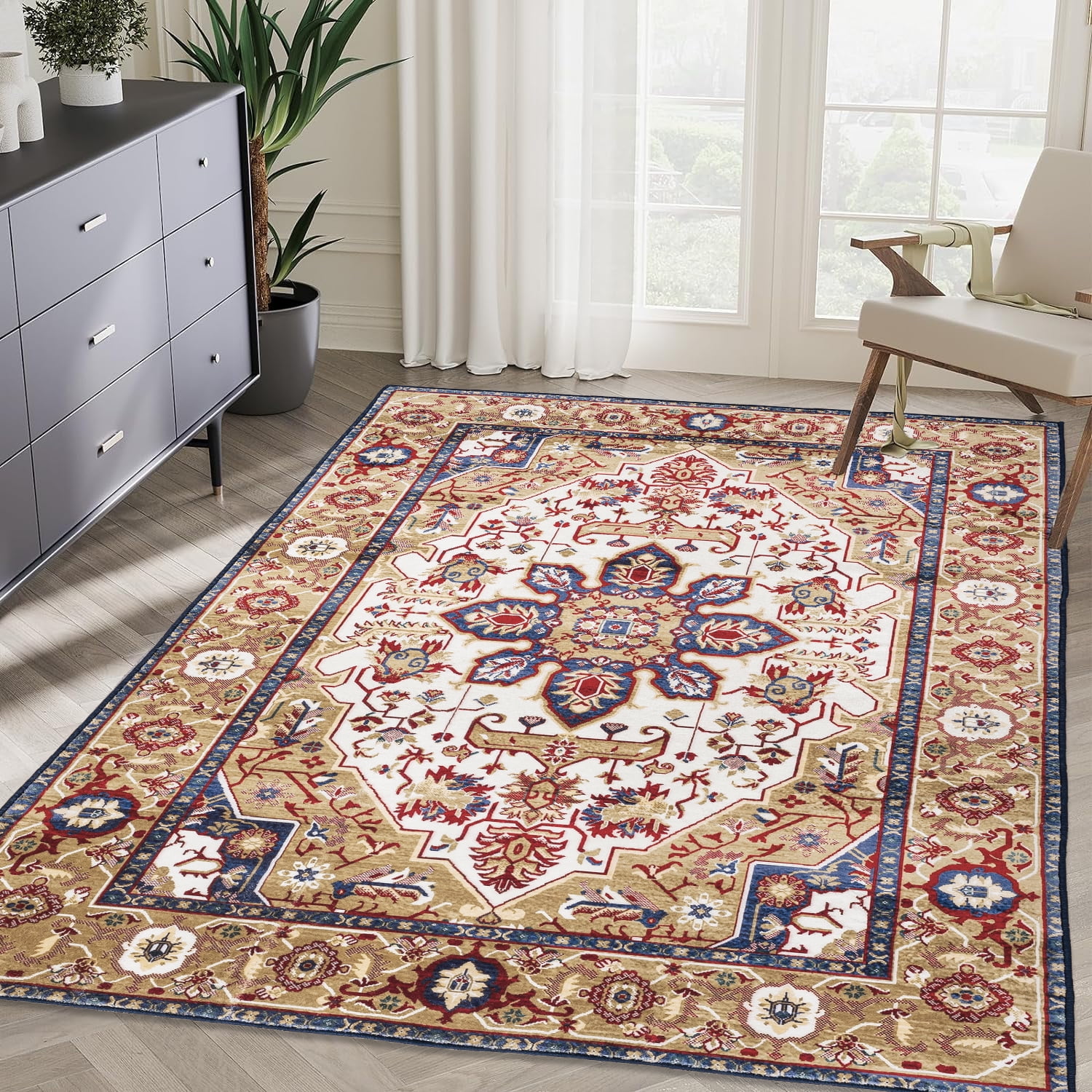 Yoneston 5' x 7' Vintage Bohemia Area Rug Machine Washable Bedroom Rug Soft Non-Slip with Printed Kitchen Mat for Living Room Playroom Dining Room Decoration, Blue & Gold