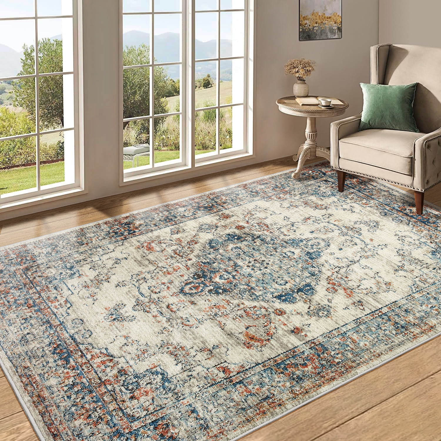 Yoneston 5' x 7' Vintage Bohemia Area Rug Machine Washable Bedroom Rug Soft Non-Slip with Printed Kitchen Mat for Living Room Playroom Dining Room Decoration, Blue White