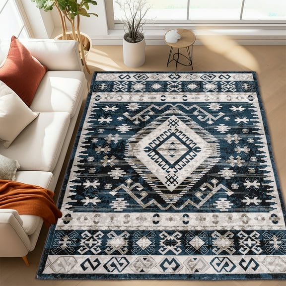 Yoneston 5' x 7' Vintage Bohemia Area Rug Machine Washable Bedroom Rug Soft Non-Slip with Printed Kitchen Mat for Living Room Playroom Dining Room Decoration, Black&Blue
