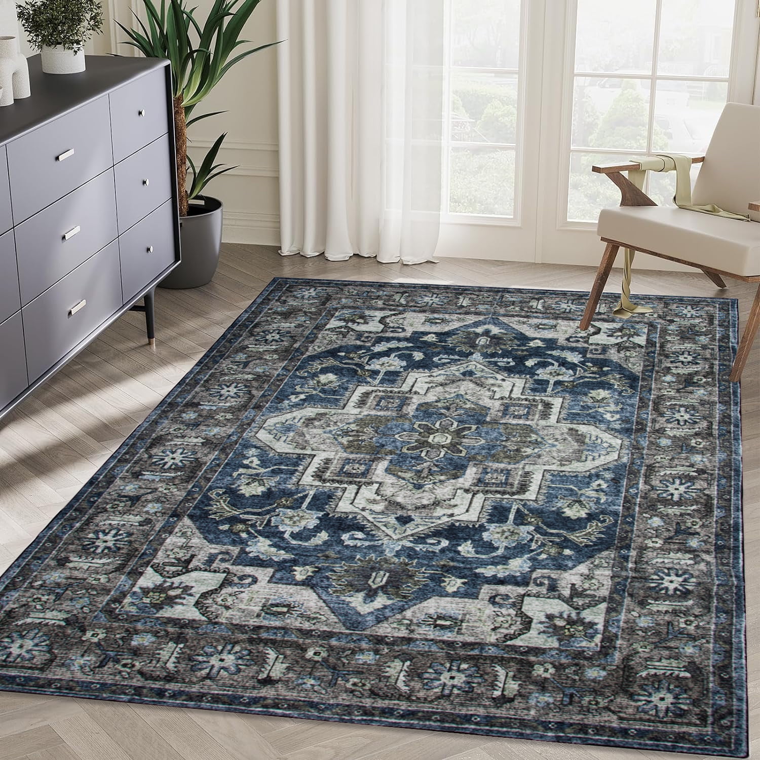 Yoneston 5' x 7' Vintage Bohemia Area Rug Machine Washable Bedroom Rug Soft Non-Slip with Printed Kitchen Mat for Living Room Playroom Dining Room Decoration, Dark Blue