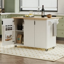 Yoneston 51" Rolling Kitchen Storage Cart with Drop Leaf, Multifunctional Kitchen Island with Internal Storage Rack, Towel Rack and 2 Door for Kitchen, Dining Room, White