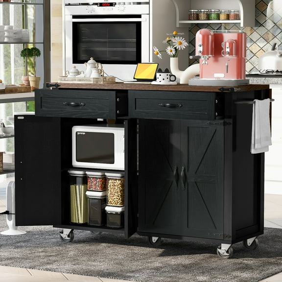Yoneston 53.5'' Modern Kitchen Island with Power Outlet, Kitchen Storage Island with Drop Leaf & Spice Rack and 2 Drawer, Rolling Kitchen Cart for Home, Kitchen, Dining Room, Black
