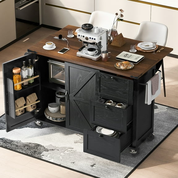 Yoneston 54.5" Farmhouse Kitchen Island with Power Outlet and Drop Leaf, Multifunctional Kitchen Trolley with Internal Storage Rack, Spice Rack and 2 Doors 3 Drawers for Kitchen Dining Room, Black