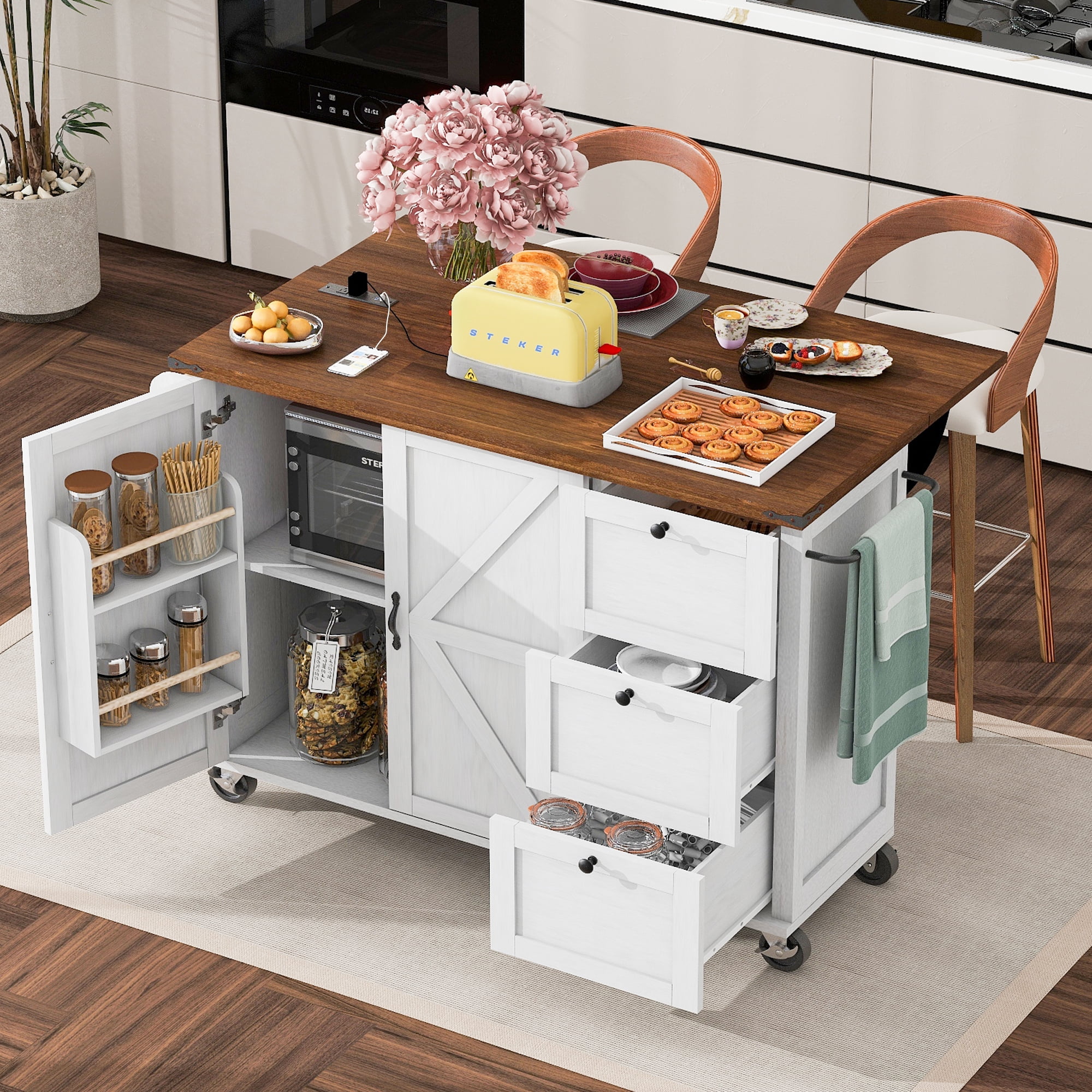 Yoneston 54.5" Farmhouse Kitchen Island with Power Outlet and Drop Leaf, Multifunctional Kitchen Trolley with Internal Storage Rack, Spice Rack and 2 Doors 3 Drawers for Kitchen Dining Room, White