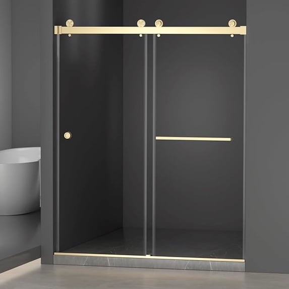 Yoneston 55-59"W x 72"H Frameless Double Sliding Shower Door, 304 Stainless Steel 5/16" (8mm) Thick Tempered Clear Glass with Round Handle - Brushed Gold