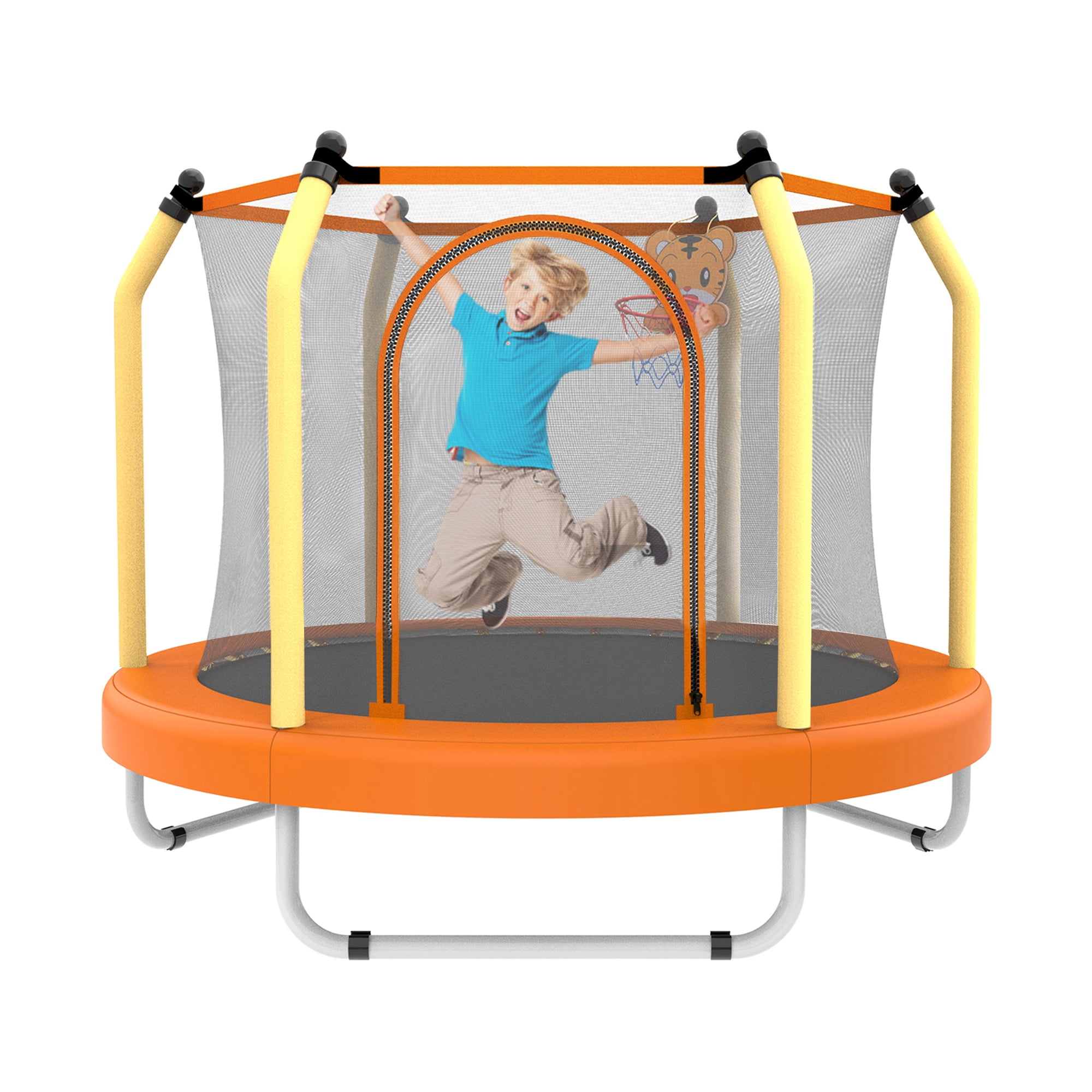 Yoneston 55'' Toddler Trampoline for Kids, Indoor & Outdoor Mini Trampoline with Enclosure Net and Basketball Gifts for Kids, Toddler Trampoline Toys, Yellow