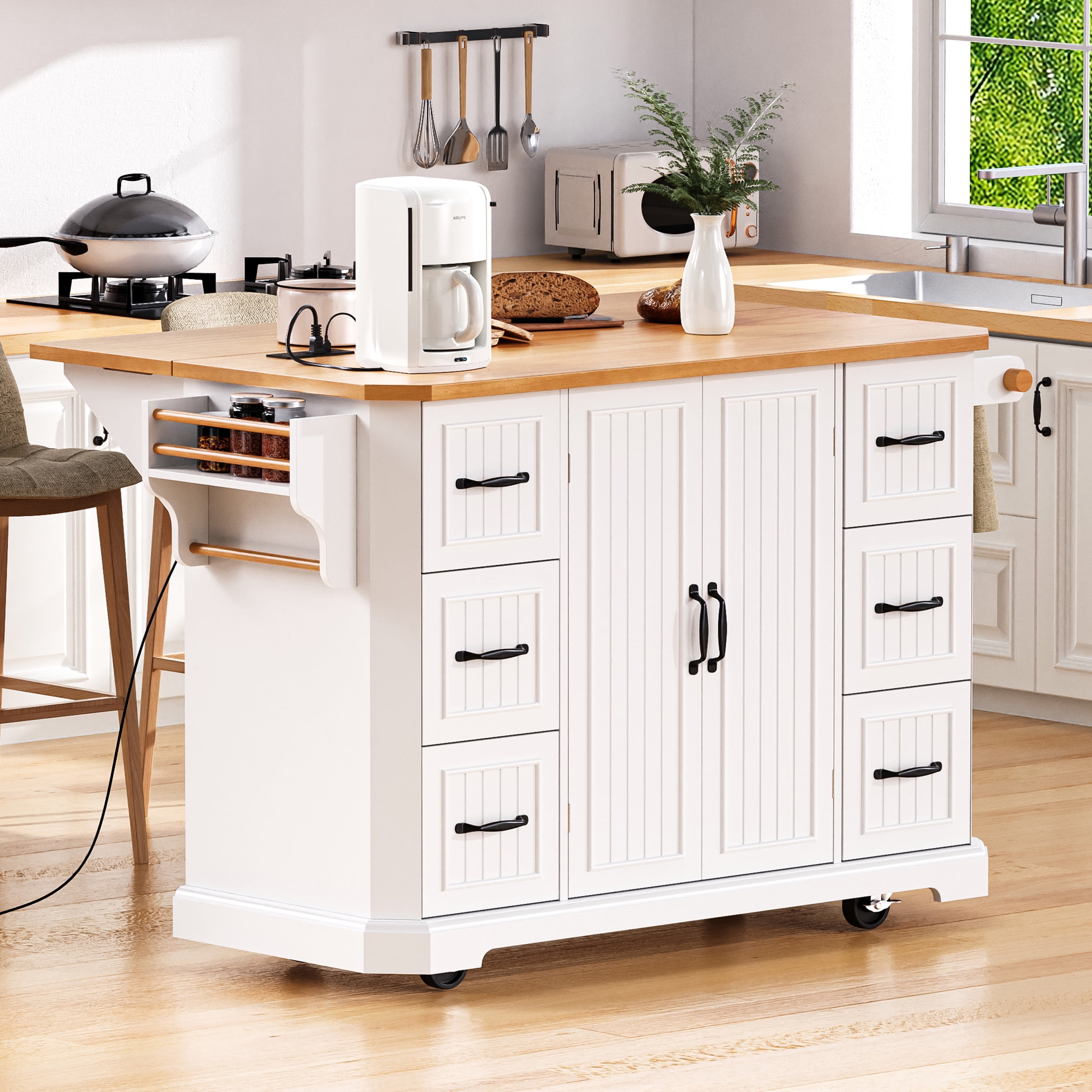 Yoneston 56" Rolling Kitchen Storage Cart with Adjustable Shelves, Multifunctional Kitchen Island with Power Outlet, 4 Door Shelves and 6 Drawers for Kitchen, Dining Room, White