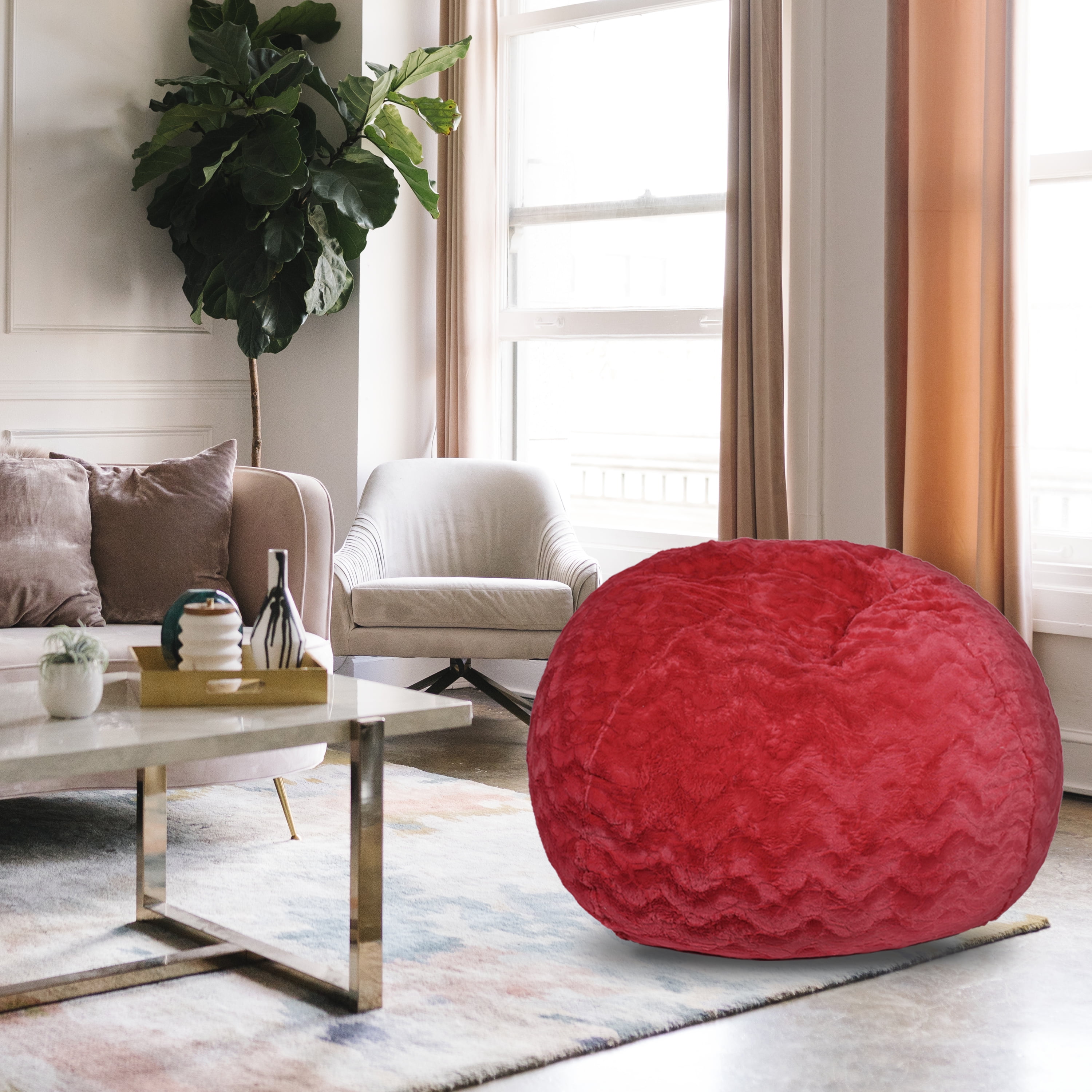Yoneston 5ft Faux Fur Bean Bag Chair, Plush Bean Bag with Washable Cover & Dual Liners for Kids Adults Bedroom Living Room, Red