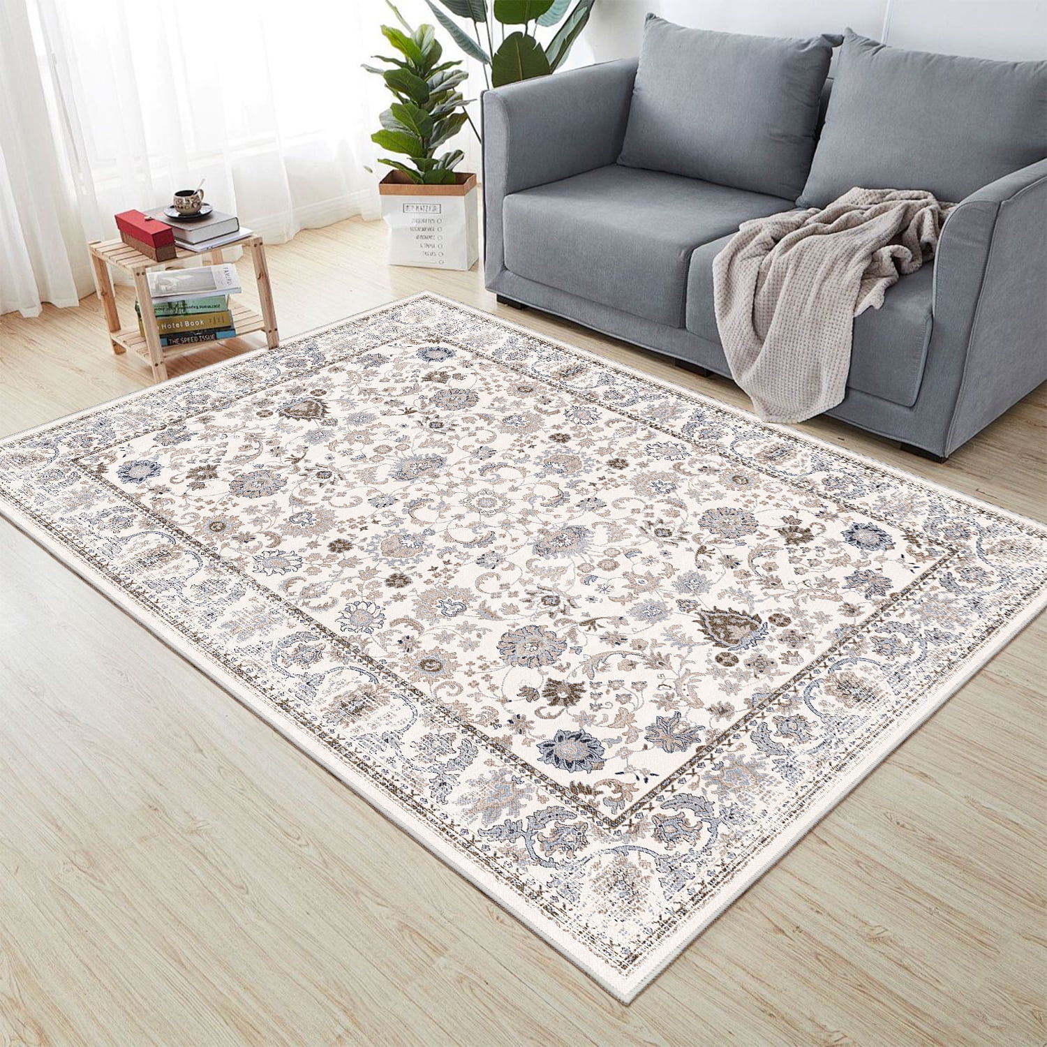 Yoneston 6' x 9' Vintage Bohemia Area Rug Machine Washable Bedroom Rug Soft Non-Slip with Printed Kitchen Mat for Living Room Playroom Dining Room Decoration, Creamy White