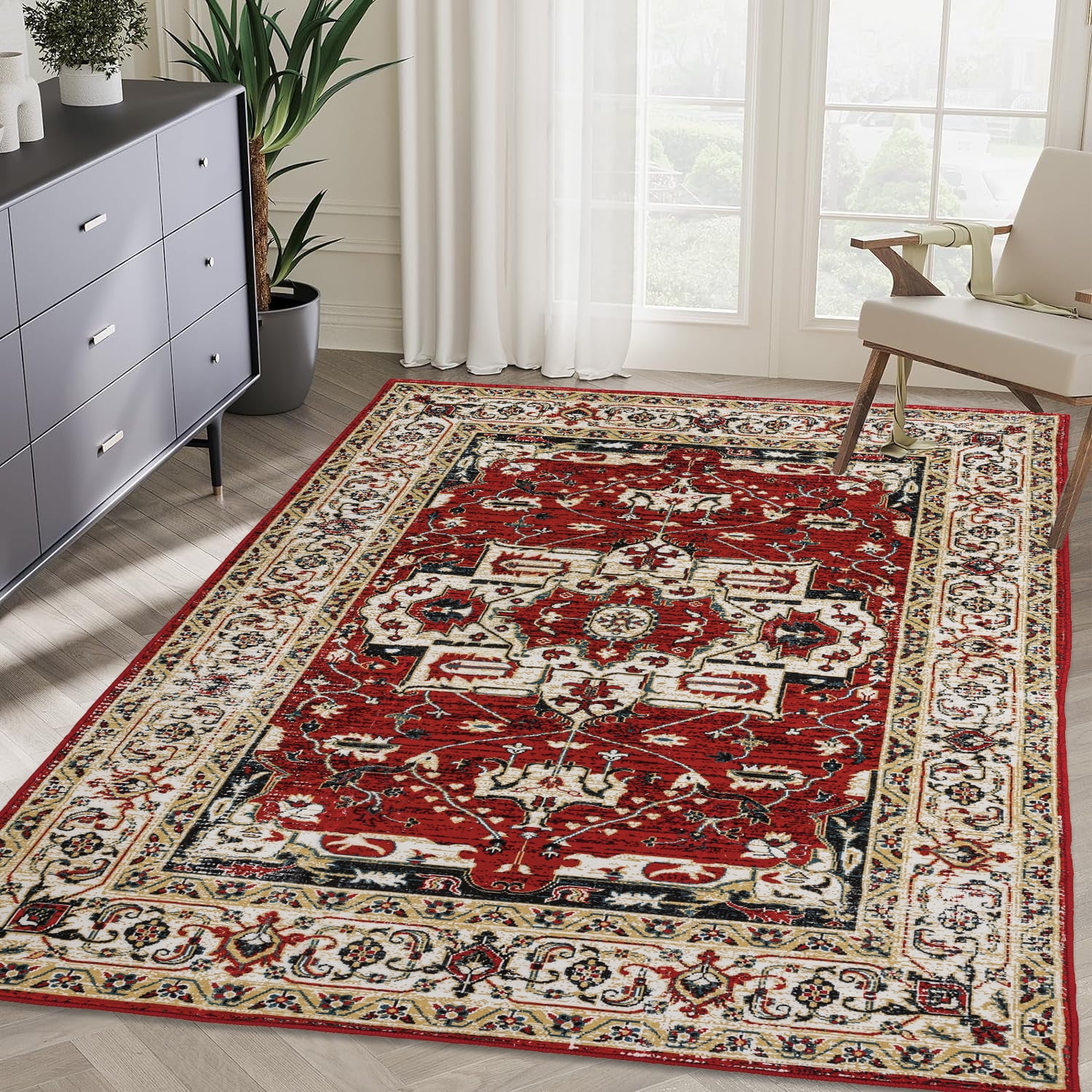 Yoneston 6' x 9' Vintage Bohemia Area Rug Machine Washable Bedroom Rug Soft Non-Slip with Printed Kitchen Mat for Living Room Playroom Dining Room Decoration, Red