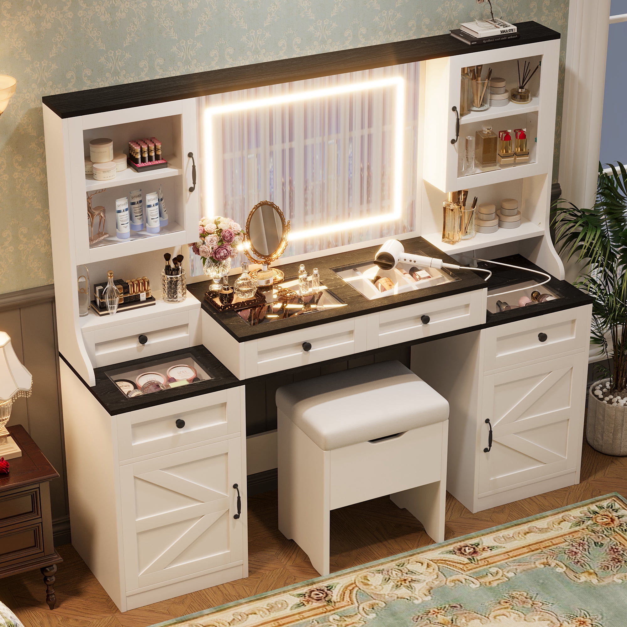 Yoneston 61.5" Farmhouse Vanity Desk Set with Mirror and LED Lights, Glass Top Vanity Table with Chair, Charging Station and 5 Drawers Cabinets, White