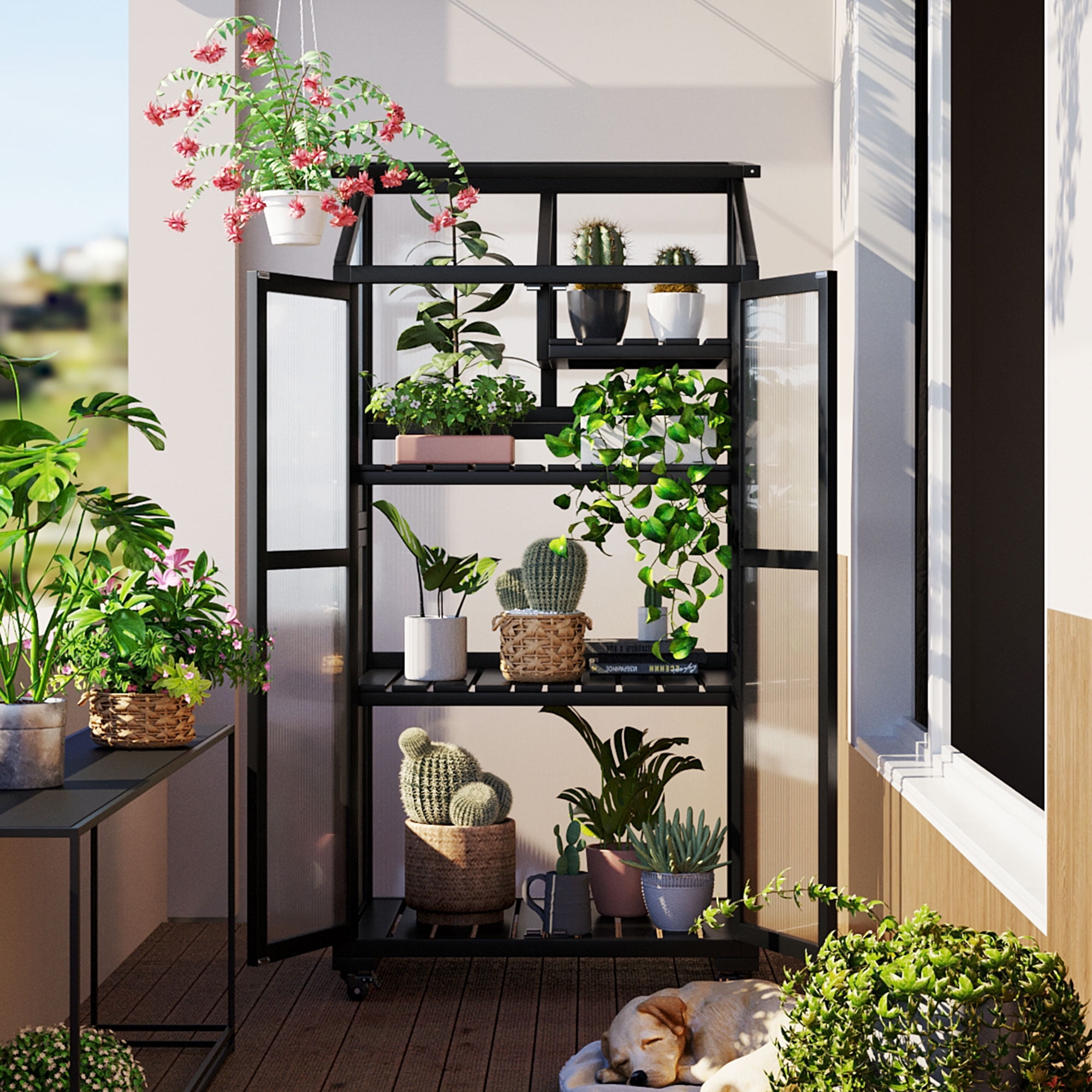 Yoneston 62inch Height Wood Large Greenhouse Balcony Portable Cold Frame with Wheels and Adjustable Shelves Plants House for Outdoor Indoor Use, Black