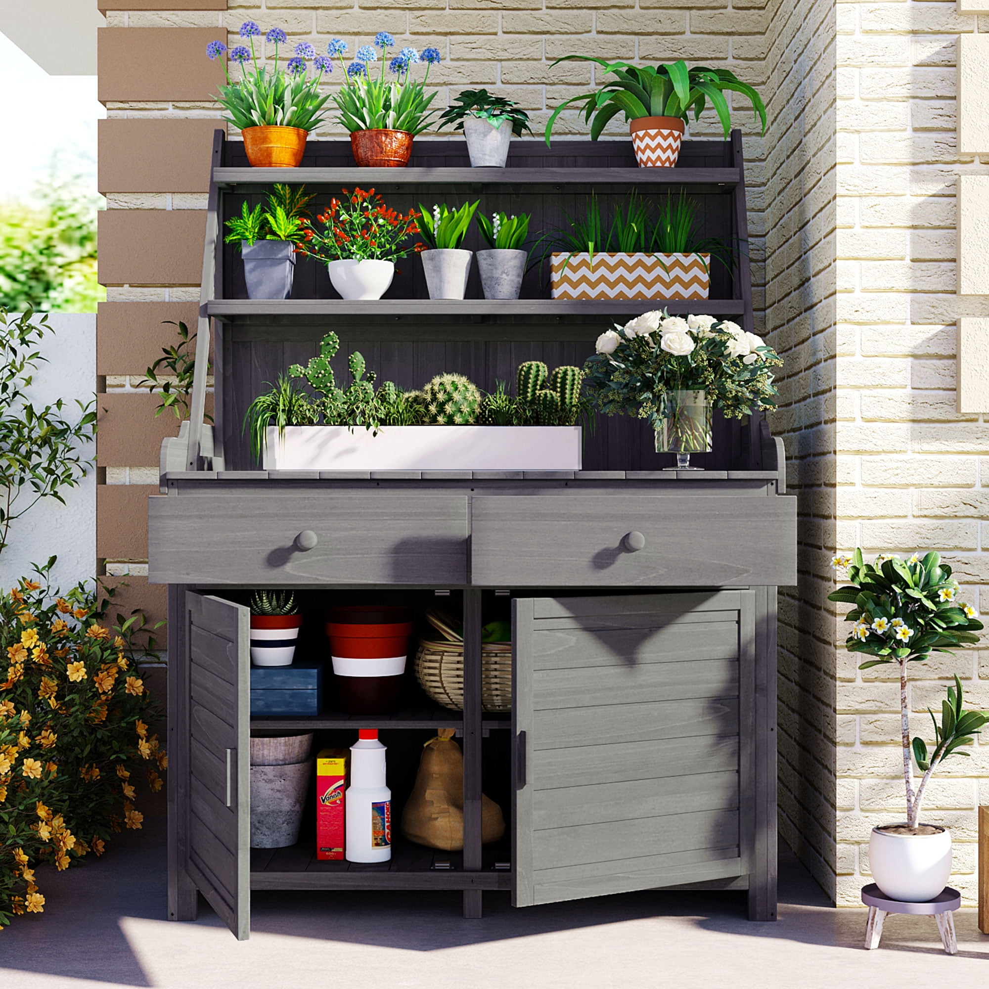 Yoneston 65" Potting Bench Table with Storage Shelf, Fir Wood Garden Workstation with Drawer and Cabinet, Outdoor Planting Table for Gardening Backyard Mudroom, Gray