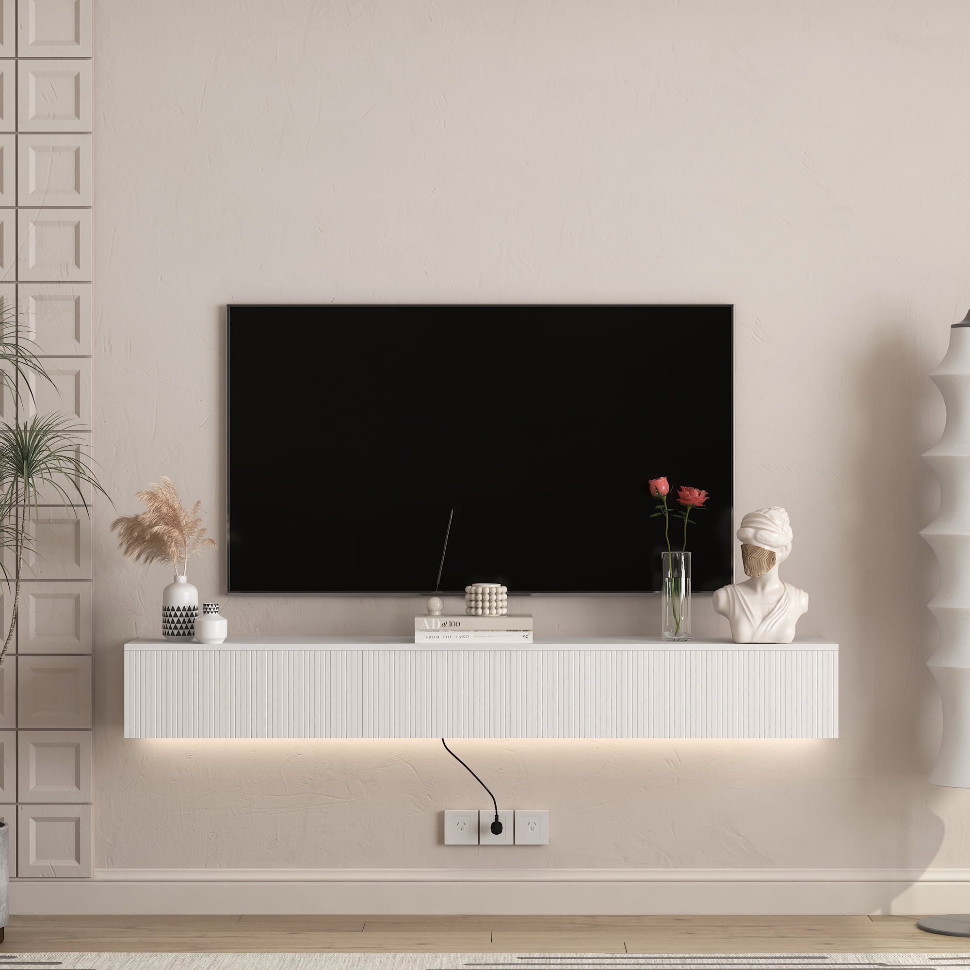 Yoneston 69" Wall Mounted Floating TV Stand wih LED for 55/60/65inch TV, Modern TV Stand with Drawer, High Gloss Entertainment Center for Living Room, White