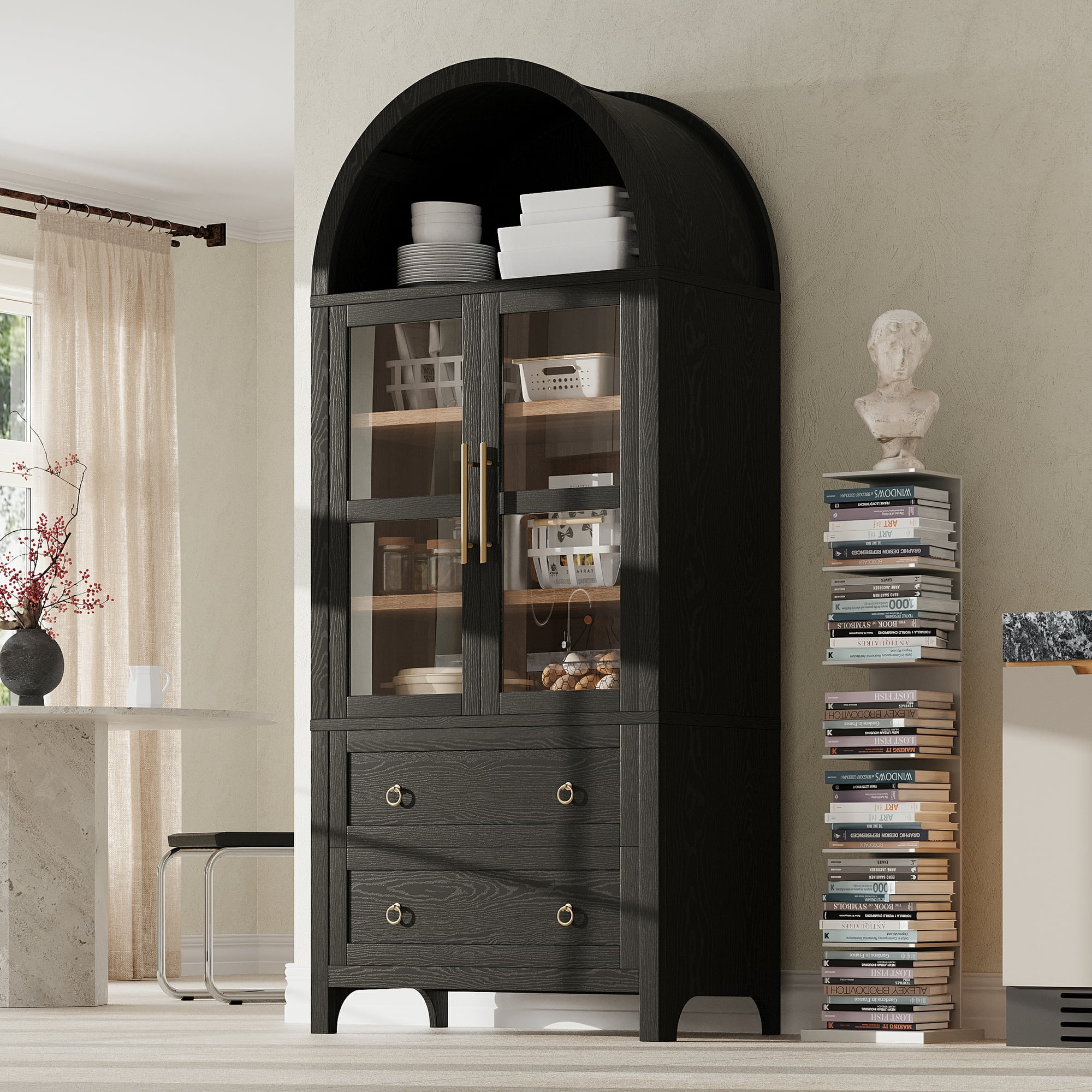 Yoneston 71" Tall Arched Kitchen Pantry Cabinet with 2 Large Drawers, Modern Kitchen Storage Cabinets with Adjustable Shelves, Wood Versatile Cupboard for Kitchens, Dining Room, Black