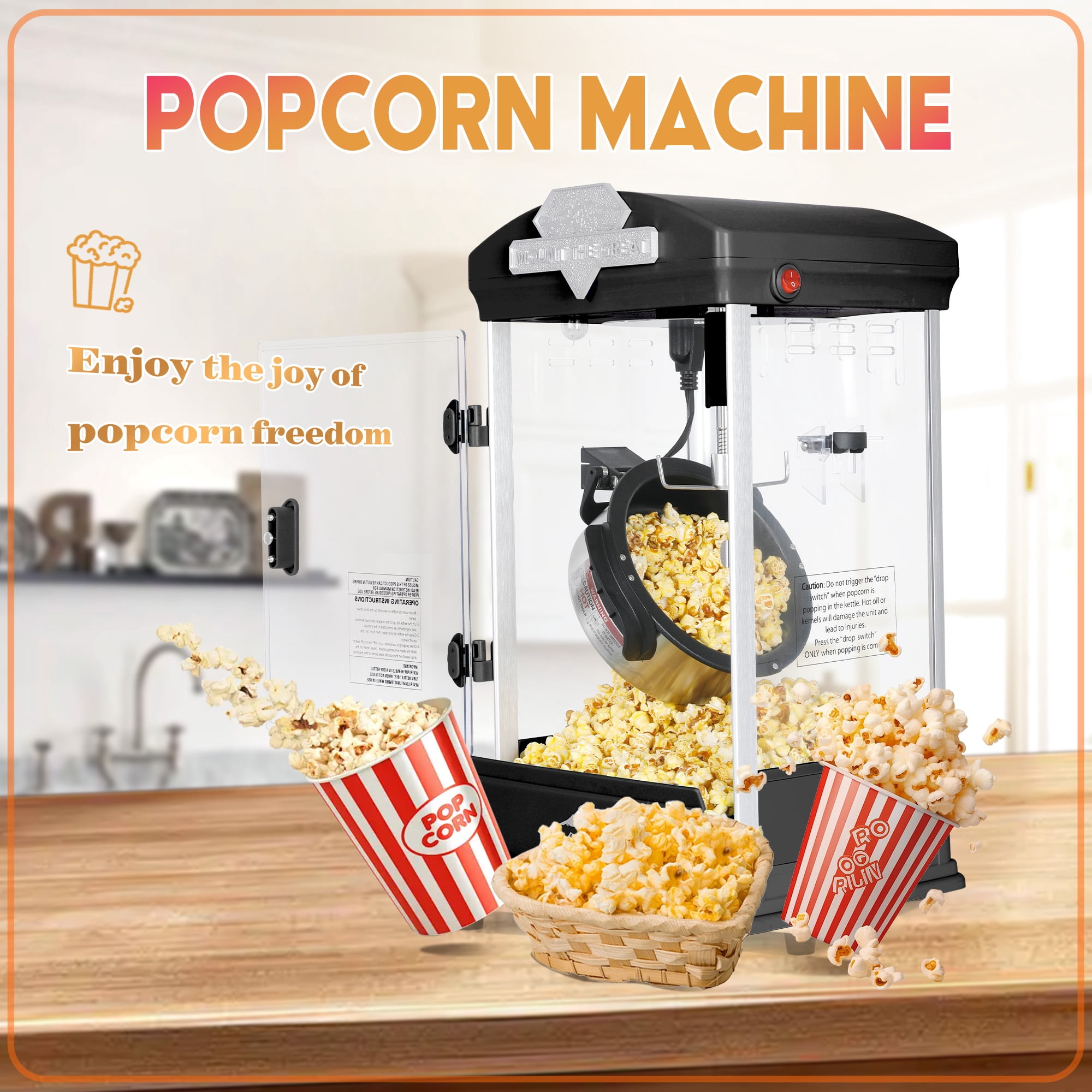 Yoneston 8 oz Commercial Countertop Popcorn Machine, 600W Kettle Popcorn Maker, Container Produces 2 Gallon per Cycle, Comes with 3 Ladles for Home Moive Parties, Black