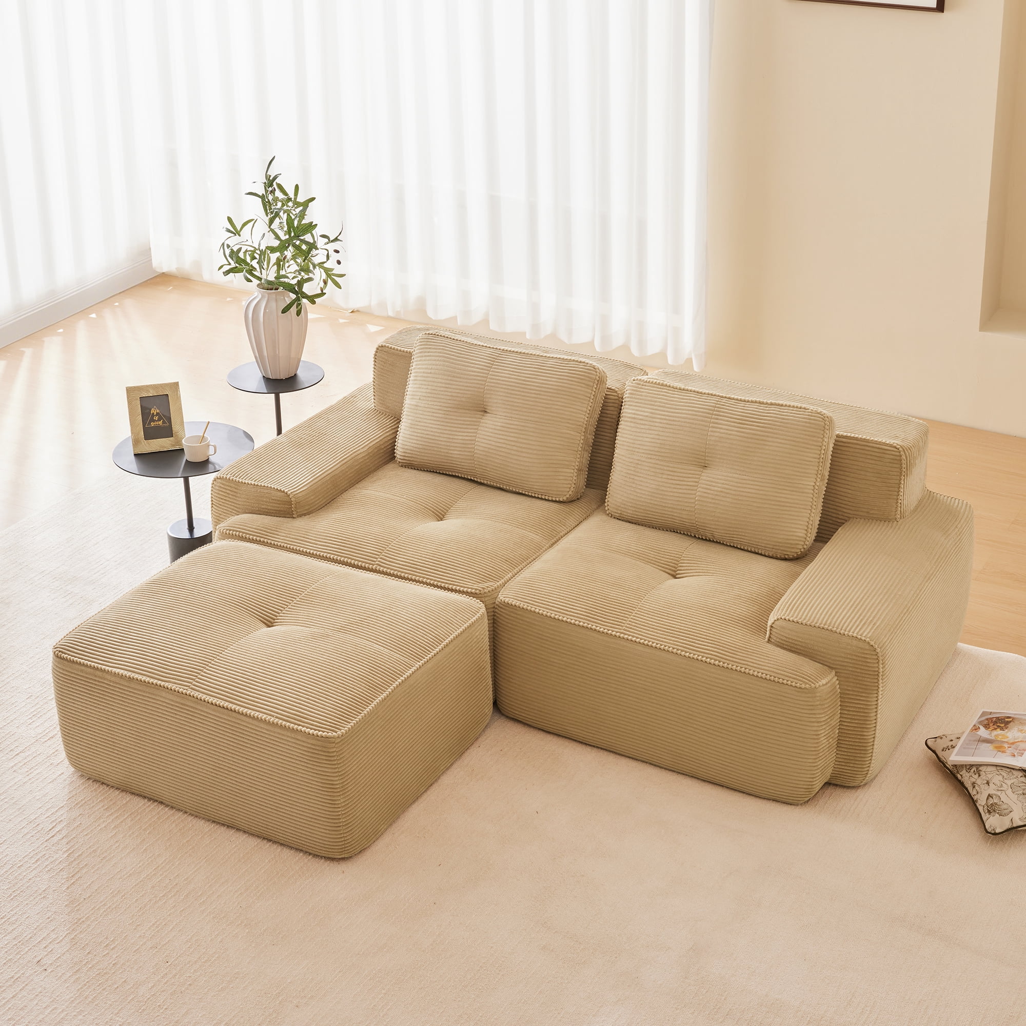 Yoneston 82" L-Shaped Modular Sectional Sofa 2 Seater Couch with Cushions and Ottoman, No Assembly Corduroy Loveseat Sofa for Living Room Bedroom Apartment, Camel