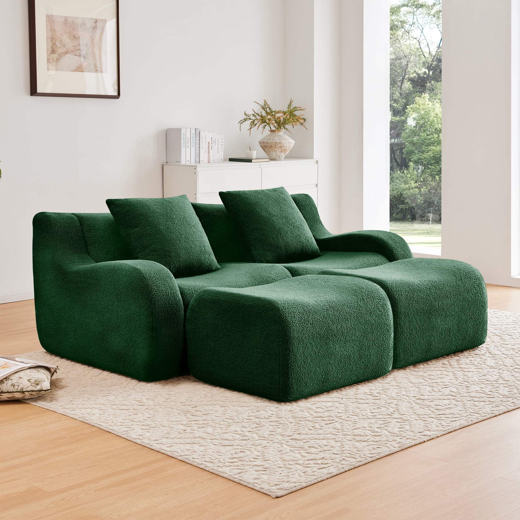 Yoneston 82" Modular Sectiona Boneless Sofa with 2 Ottoman, Teddy Fabric 2 Seater Couch with Curved Armrest and Cushions No Assembly for Living Room Bedroom, Green
