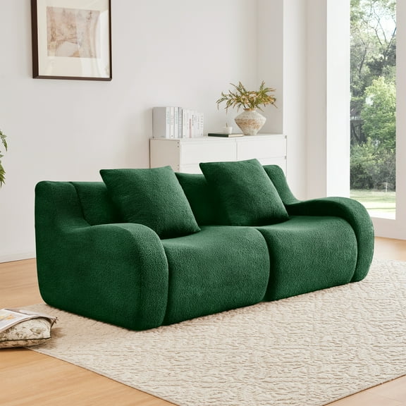 Yoneston 82" Modular Sectiona Boneless Sofa, Teddy Fabric 2 Seater Couch with Curved Armrest and Cushions No Assembly for Living Room Bedroom, Green