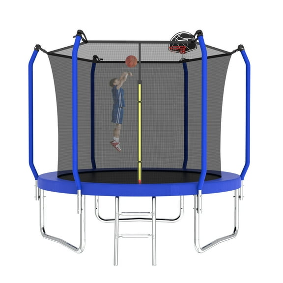 Yoneston 8FT Outdoor Trampoline with Basketball Hoop, 880LBS Heavy Duty Reinforced Trampoline with Safety Enclosure Net and Ladder for Kids Teens Adults, Blue