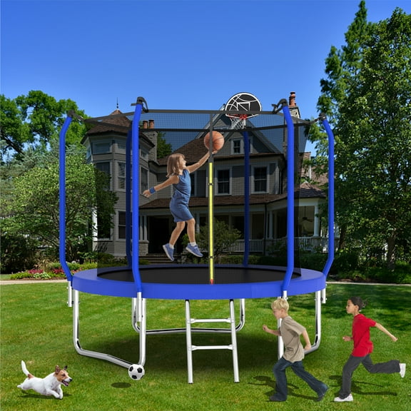 Yoneston 8FT Outdoor Trampoline with Basketball Hoop, 880LBS Heavy Duty Reinforced Trampoline with Safety Enclosure Net and Ladder for Kids Teens Playing Gift, Blue
