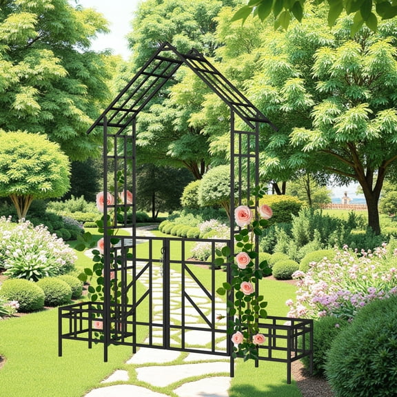 Yoneston 97.24" H Metal Garden Arbor with Gate and Planter, Garden Arch for Climbing Plants Support Rose Arch for Outdoor, Black