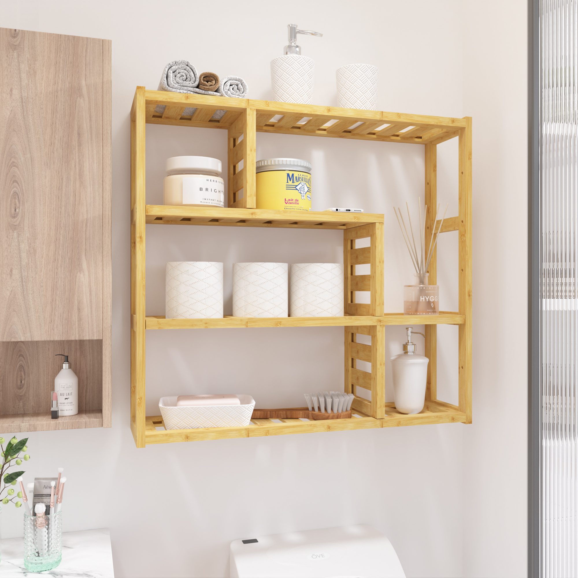 SunnyPoint Classic Square Bathroom Shelf, Tier Shelf with Towel Bar Wall 