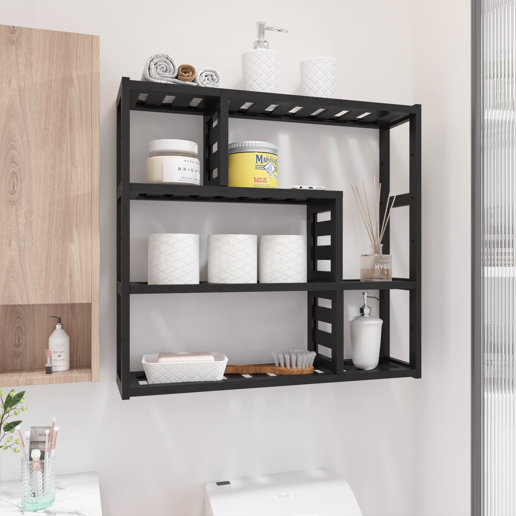 Bathroom Organizer Bamboo Adjustable 3 Tiers Floating Shelf Over